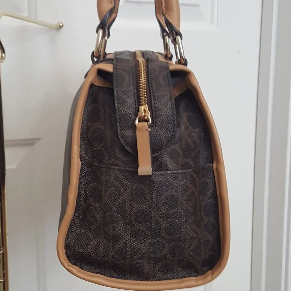 Women's Calvin Klein Opal Satchel Womens Handbag Brown Signature Monogram